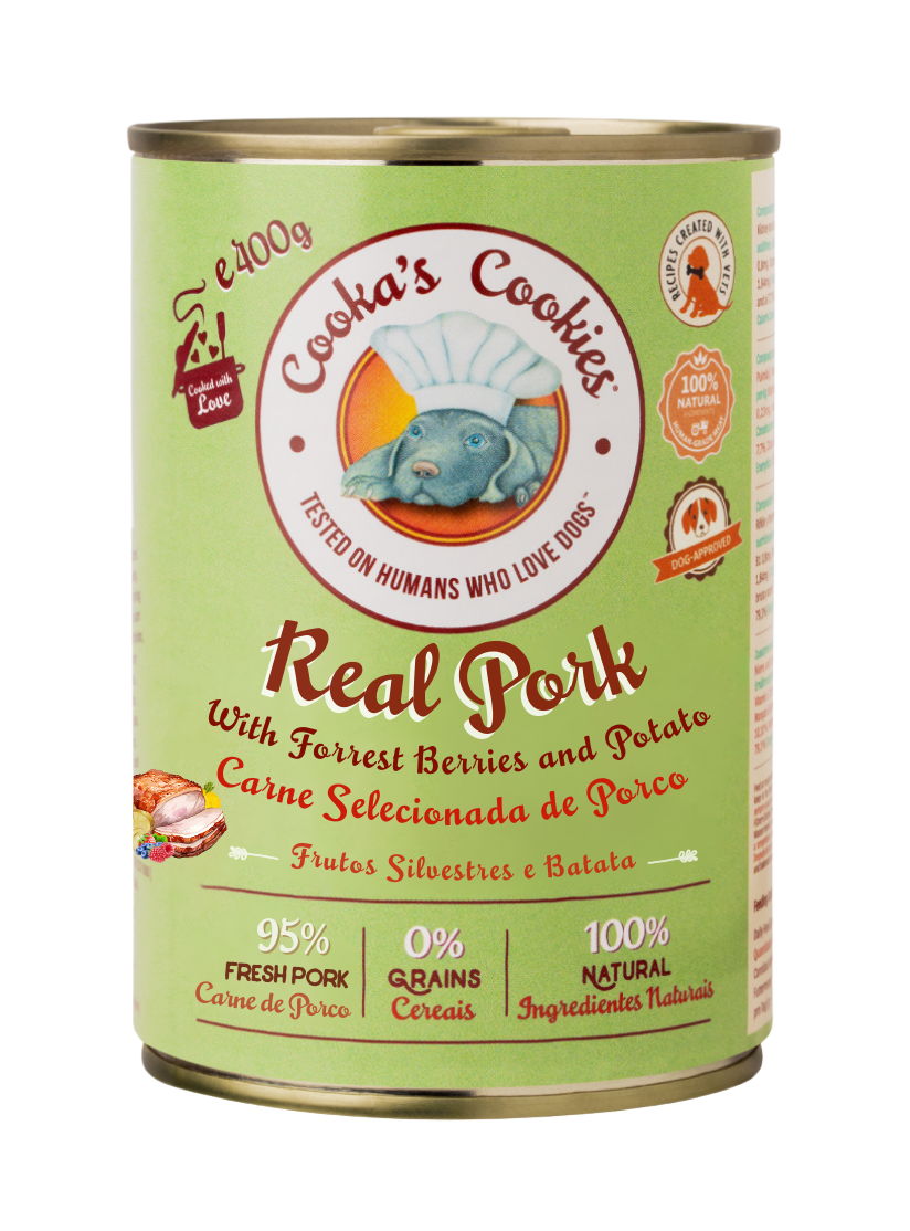 Can of 'Cookie's Cookies' Real Pork with Forrest Berries and Potato on a white background